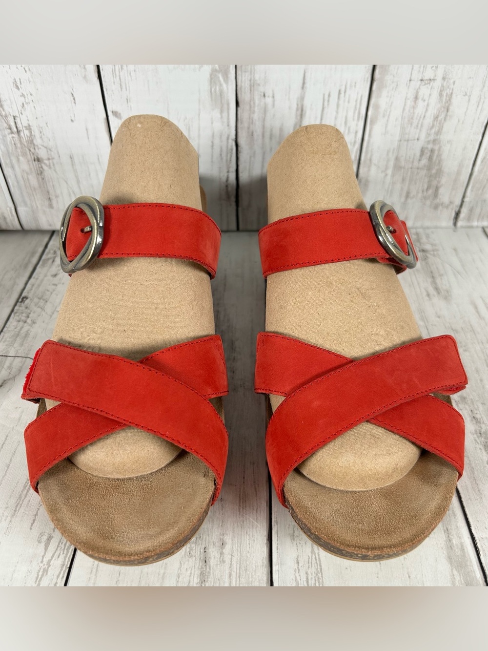 Dansko Susie Milled Nubuck Leather Wedge Cork Red Sandals 41 10.5 11 CLEAN